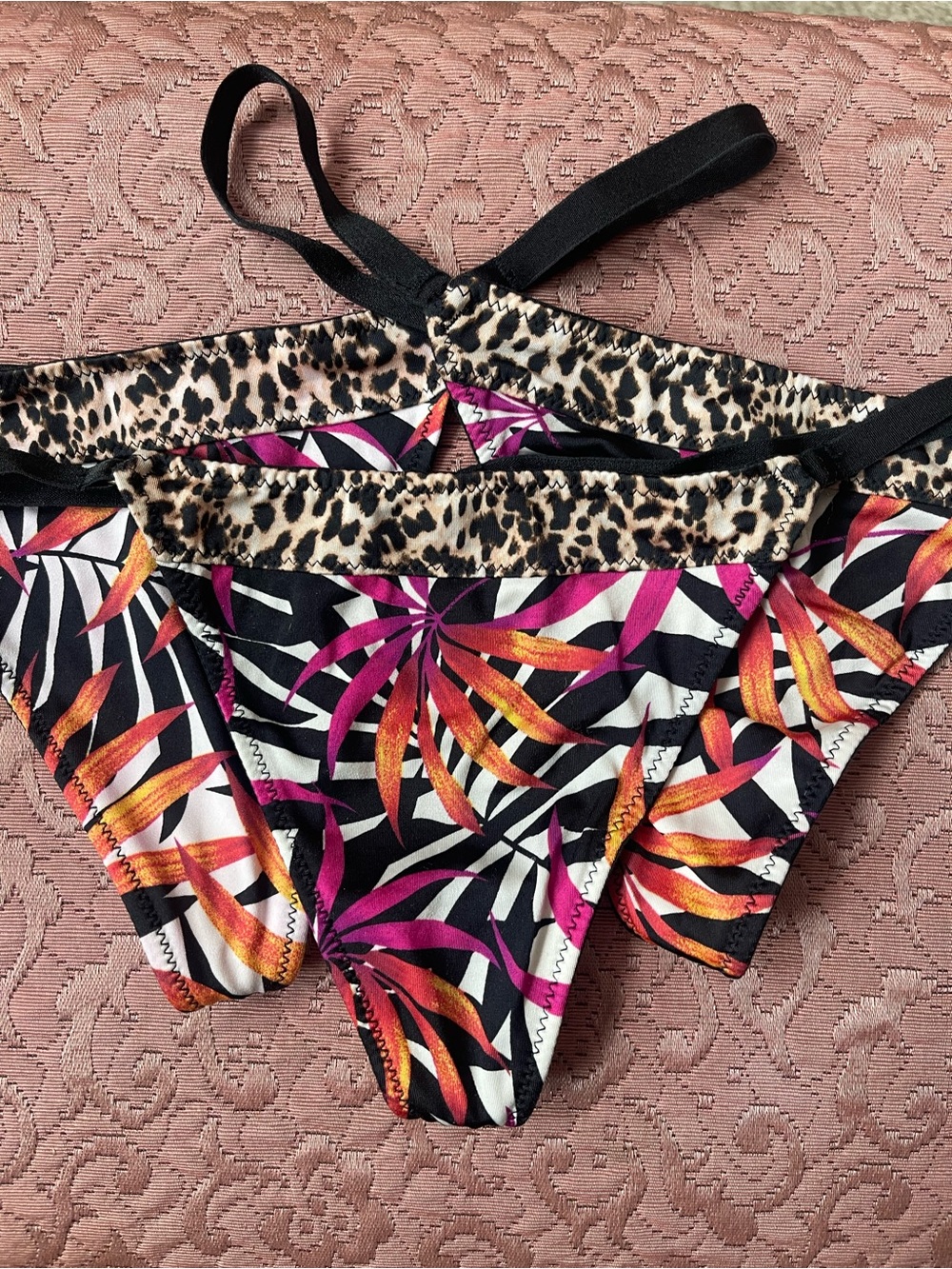 Tropical Leaf Print Bikini Bottoms with Leopard Trim